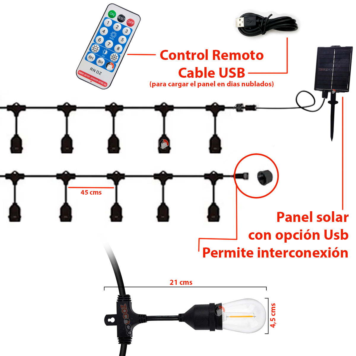 Cadena De 10 Bombillos Clásicos Con Panel Solar