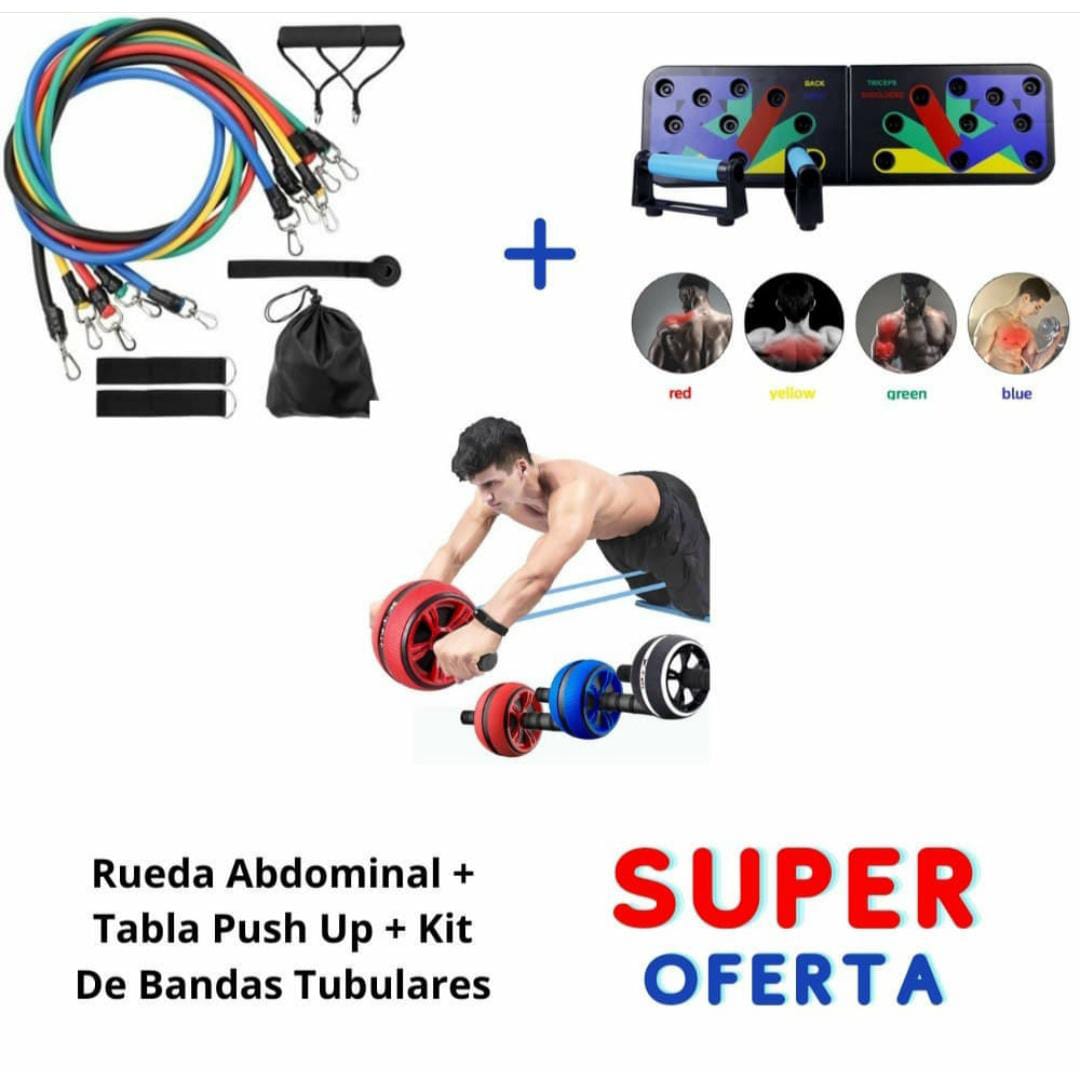 Kit Tabla push up, Bandas tubulares, Rueda Abdominal