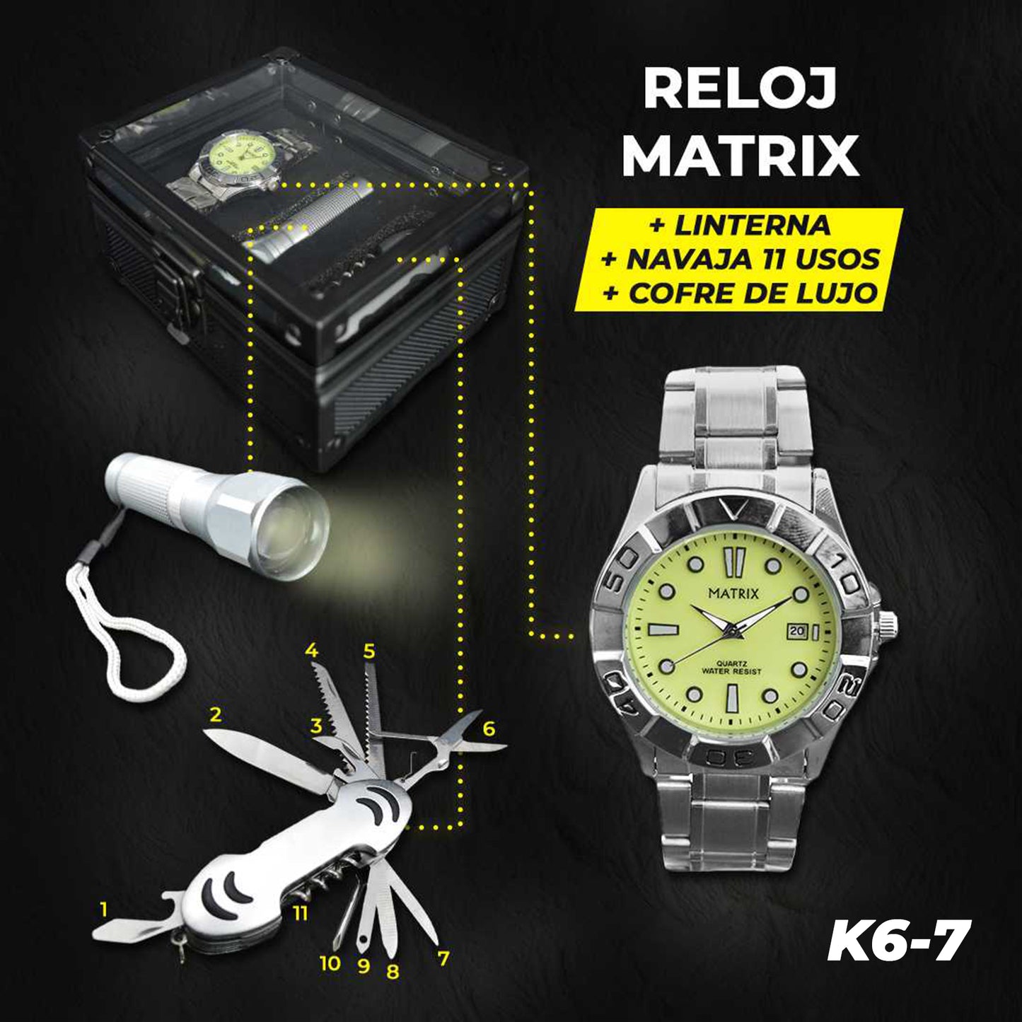 ⌚🏕️ Reloj Kit Táctico + Navaja Suiza + Linterna (Estuche de Lujo) ⚔️🔦🧭
