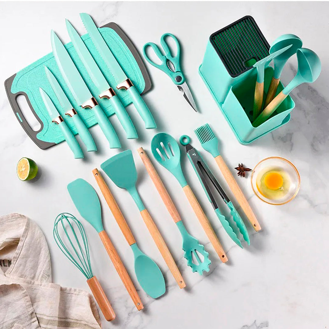 👩🍳✨👨🍳 Nuevo Kit Set de Utensilios de Cocina de Silicona completo - x19 Piezas Estilo Nórdico 🥄🔪