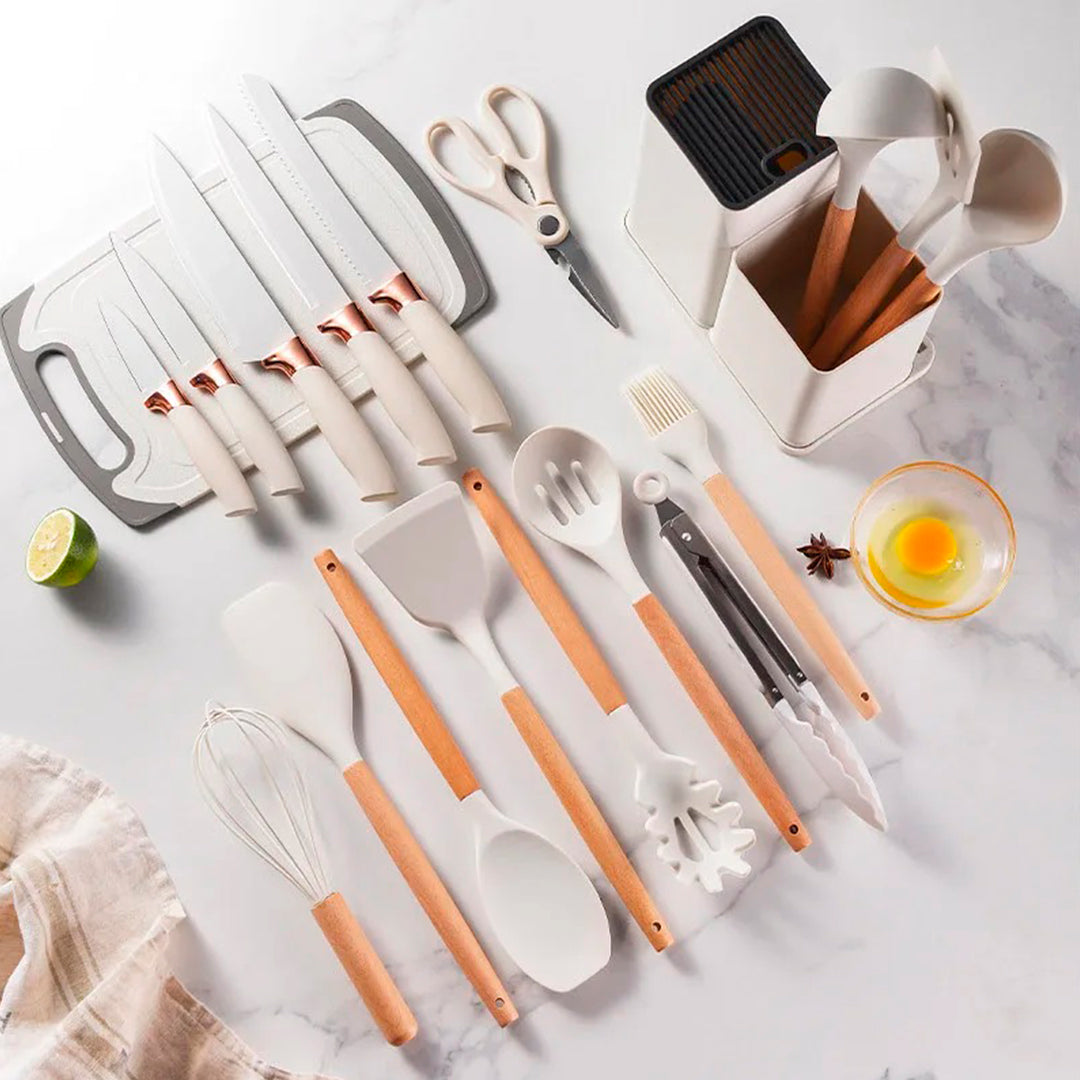 👩🍳✨👨🍳 Nuevo Kit Set de Utensilios de Cocina de Silicona completo - x19 Piezas Estilo Nórdico 🥄🔪