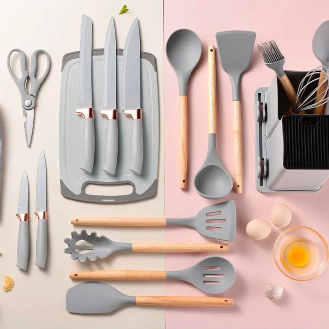 👩🍳✨👨🍳 Nuevo Kit Set de Utensilios de Cocina de Silicona completo - x19 Piezas Estilo Nórdico 🥄🔪