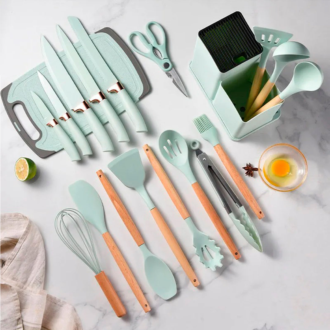 👩🍳✨👨🍳 Nuevo Kit Set de Utensilios de Cocina de Silicona completo - x19 Piezas Estilo Nórdico 🥄🔪