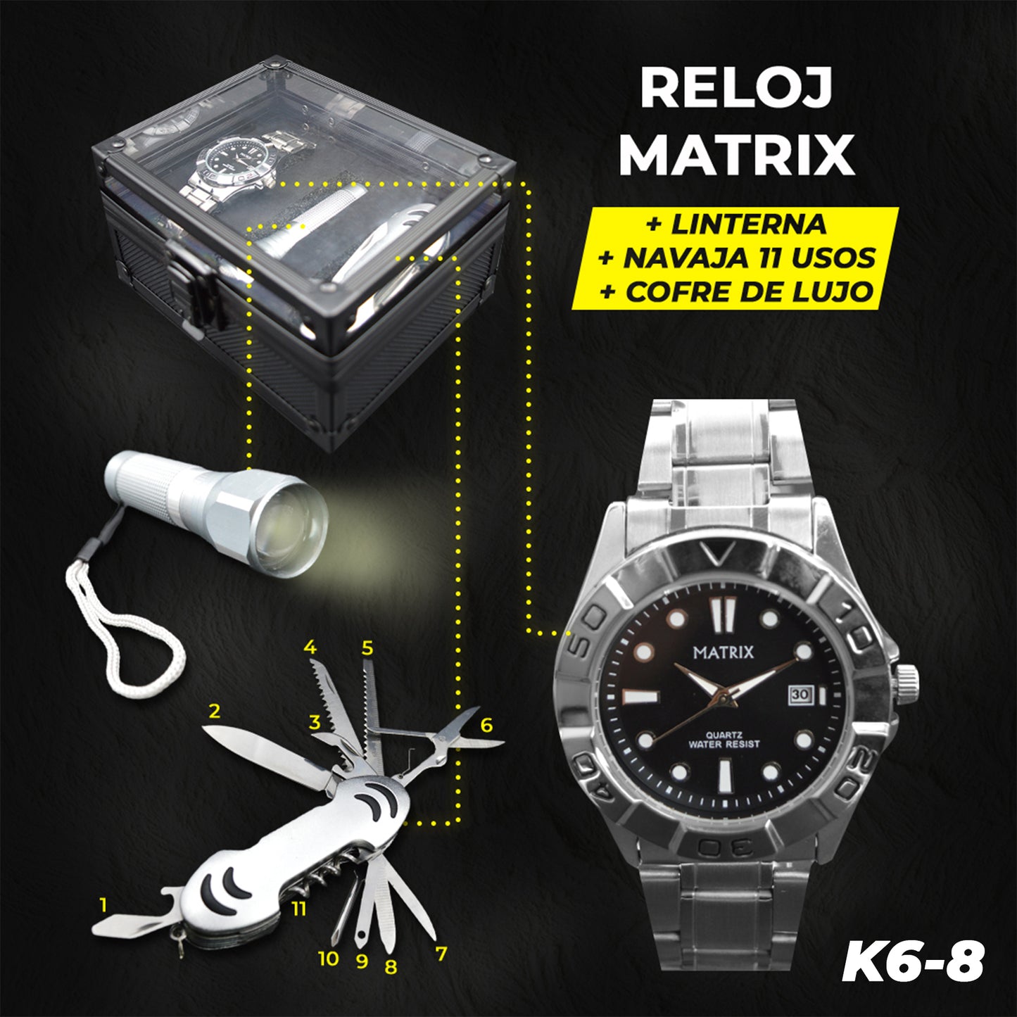 ⌚🏕️ Reloj Kit Táctico + Navaja Suiza + Linterna (Estuche de Lujo) ⚔️🔦🧭