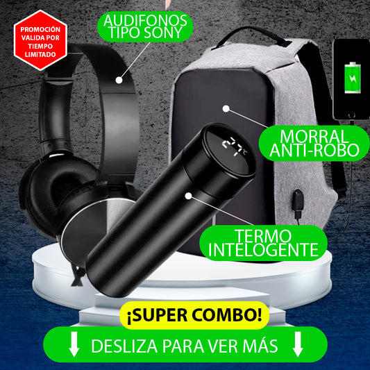 Nuevo Kit 3 en 1: MALETA (Morral Antirrobo) + Termo INTELIGENTE + AUDIFONOS Live Pro 🎁🎧 Para hombre o mujer