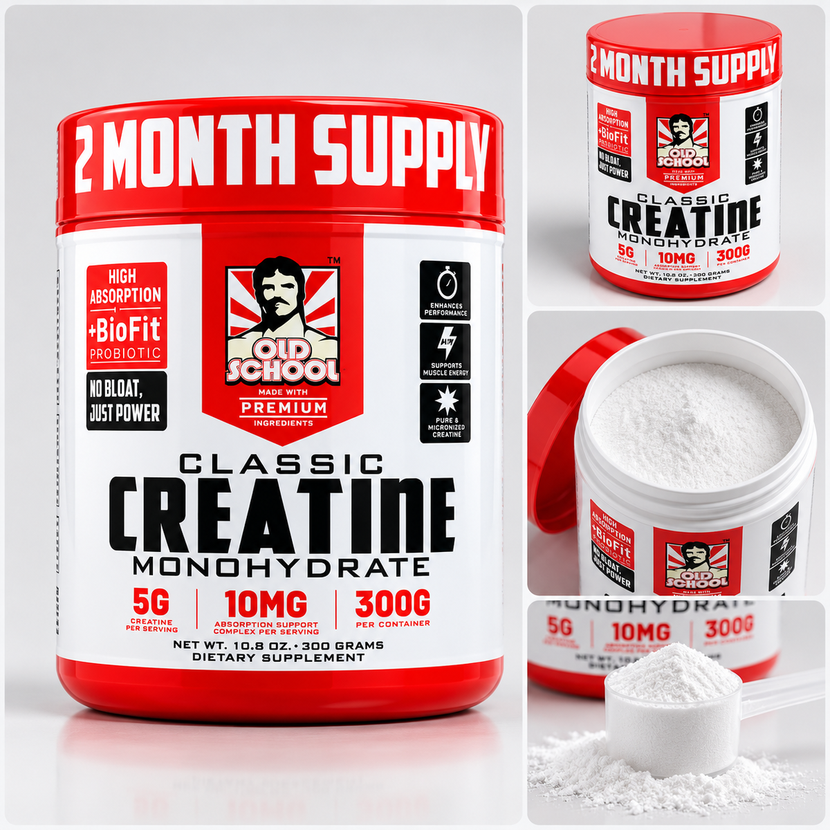 Creatina Monohidrato Old School | 60 servicios (2 meses) 5g x servicio 300gr