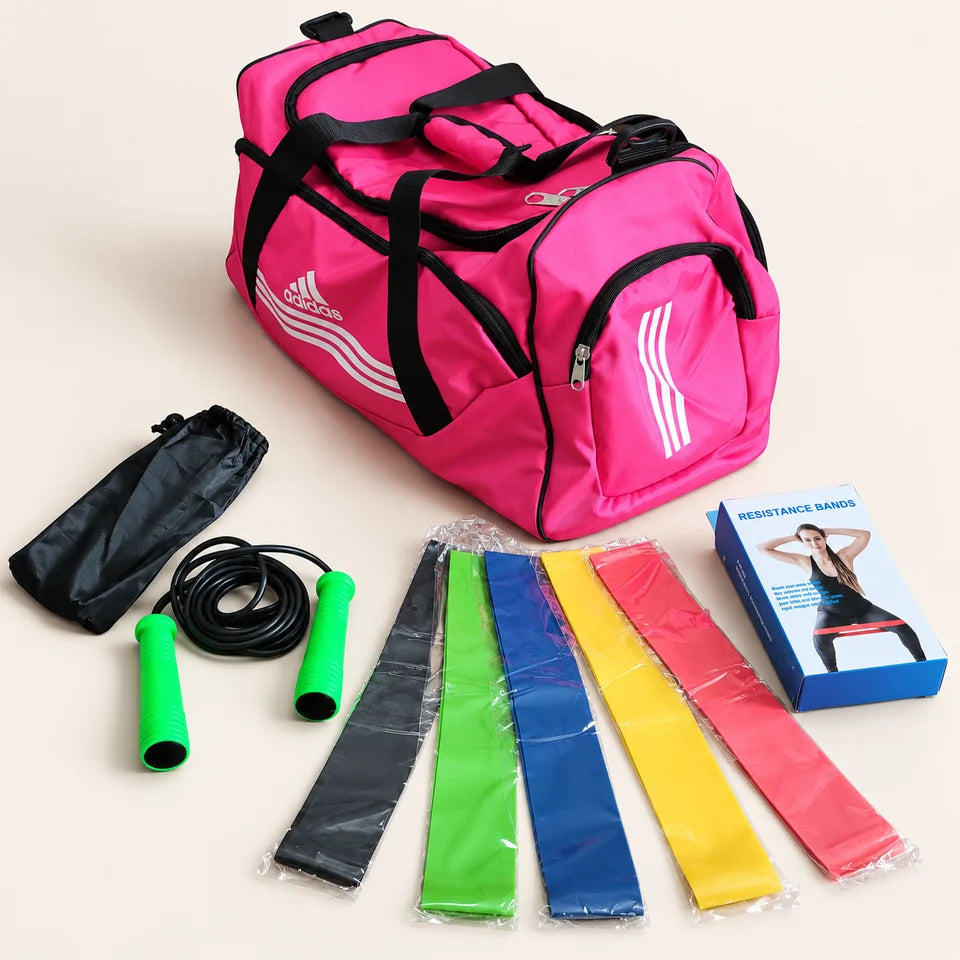 🎒🏋️‍♂️Bolso deportivo + kit bandas elásticas + lazo 🏃‍♀️💪Equipa tu entrenamiento con estilo!