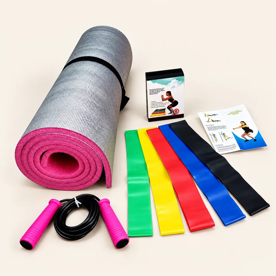 Kit Fitness 3 en 1! 🧘‍♀️🏋️‍♂️Incluye una Colchoneta Antideslizante , Bandas de Resistencia y Lazo de salto 💪
