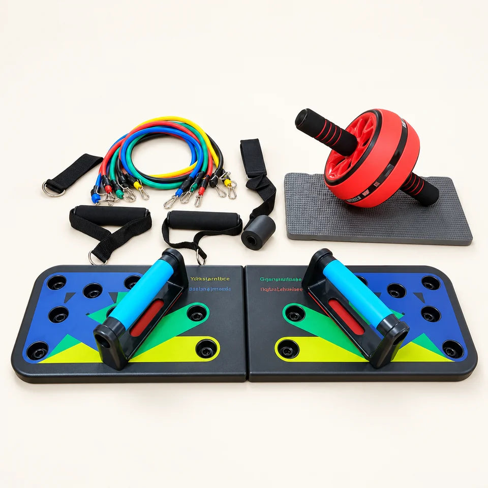 Kit Tabla push up, Bandas tubulares, Rueda Abdominal
