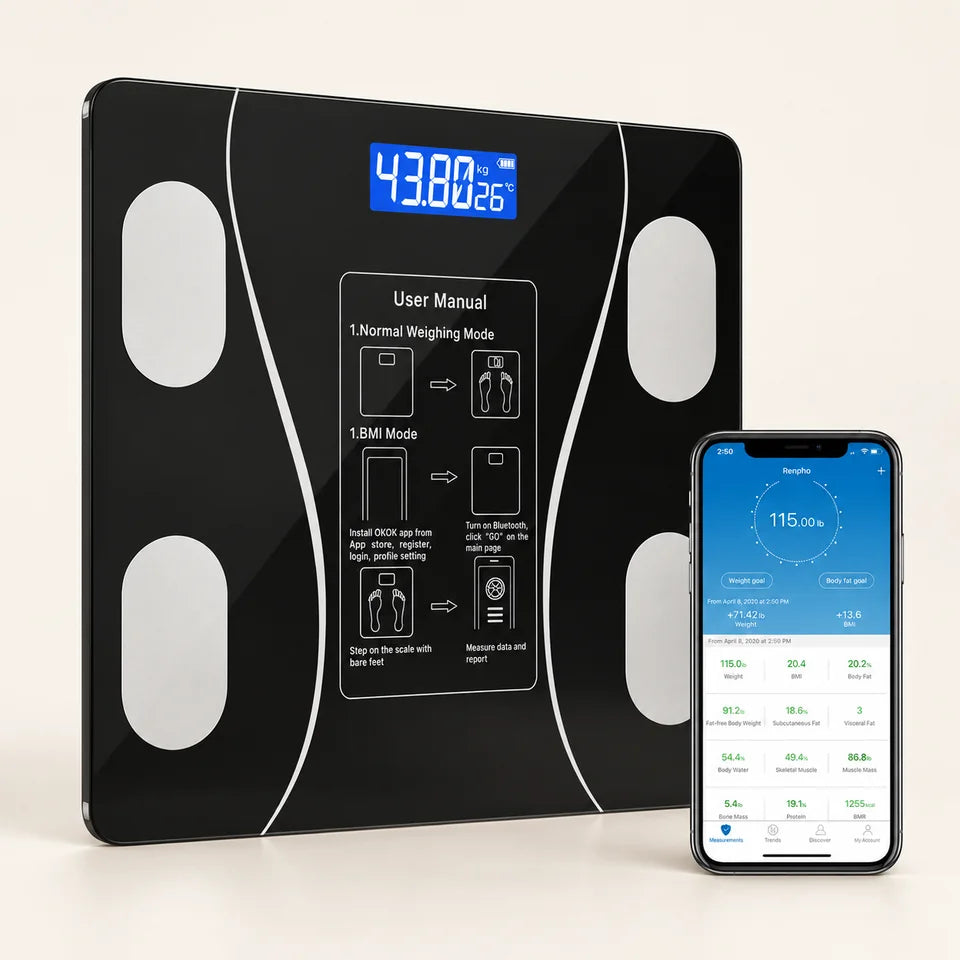 💪✨ Nueva BÁSCULA INTELIGENTE 📲 Pesa con conexión Bluetooth, Medidor Grasa Corporal IMC Pantalla LCD