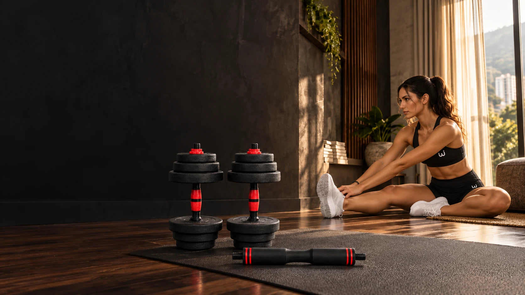 Un espacio de entrenamiento en casa con mancuernas Wiken